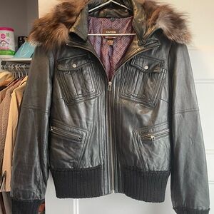 Danier Dark Leather Jacket with Fur Trim